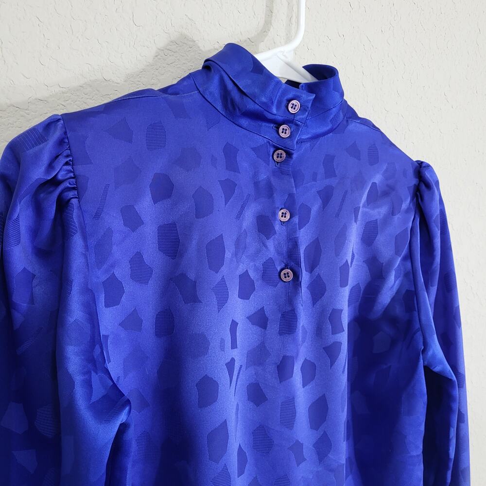 Vintage Blouse Petite Impressions Women  XS  Blue Jacquard Long Sleeve High Neck - Picture 10 of 11